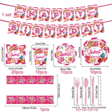 Load image into Gallery viewer, 92PCS Candyland Birthday Party Supplies Set, Lollipop Candy Party Decorations with Disposable Paper Plates, Cups, Napkins, Straws &amp; Banner, Sweet Candy Theme Tableware for Kids Birthday Celebration
