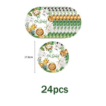 Load image into Gallery viewer, 96PCS Jungle Safari Animal Themed Disposable Tableware 4-in-1 Set, Paper Plates Napkins Cups Plastic Forks Birthday Party Supplies
