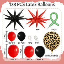 Load image into Gallery viewer, 133PCS Red Black Leopard Print Balloon Arch Garland Kit with Starburst Foil Balloons, Wild Queen Theme Decorations for Birthday Party, Bachelorette, Bridal Shower, Engagement &amp; Celebration Backdrop
