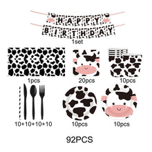 Load image into Gallery viewer, 92PCS Cow Party Supplies Set, Farm Animal Birthday Party Decorations with Disposable Paper Plates, Cups, Napkins, Tablecloth, Banner, Forks, Knives &amp; Spoons, Barnyard Theme Party Tableware
