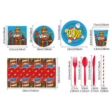 Load image into Gallery viewer, 91PCS City Superhero Themed Disposable Tableware Party Supplies Set, Hero Cityscape Paper Plates, Napkins, Paper Cups, Forks Spoons &amp; Knives Kit, Hero Birthday Table Decor for Friend Gathering, Superhero Theme Indoor Celebration Layout Ornaments
