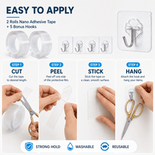 Load image into Gallery viewer, 2/3 Pack Nano Tape with 5 Hooks, Reusable Double Sided Clear Gel Adhesive Tape for DIY Crafts, Scrapbooking, Art Projects, Wall Hanging Organizer, Christmas &amp; Halloween Decorations

