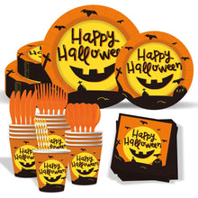 Load image into Gallery viewer, 90Pcs Halloween Party Tableware Set, Pumpkin Theme Disposable Plates Cups Napkins Cutlery Set for 10 Guests, Spooky Night Party Supplies, Fall Festival Decorations
