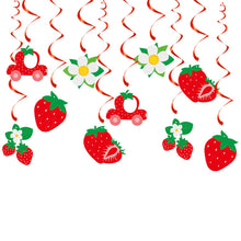 Load image into Gallery viewer, GDGDTOO Sweet Strawberry Happy Birthday Banner, Fruit Themed Party Banner with Hanging Swirls &amp; Cupcake Toppers, Red Berry Wall Banner Decor, Indoor Outdoor Photo Backdrop Birthday Party Supplies
