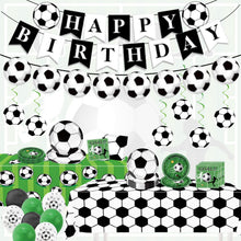 Load image into Gallery viewer, 108PCS Soccer Themed Party Decorations Set Serves 40, Soccer Birthday Supplies with Plates, Napkins, Banner, Hanging Swirls, Balloons, Tablecloth for Soccer Sports Birthday Table Decorations
