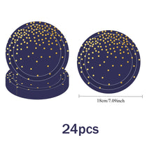 Load image into Gallery viewer, 96PCS Dark Blue Gold Foil Polka Dot Disposable Party Tableware Set Serves 24 Guests, Paper Plates Paper Cups Napkins Elegant Birthday Party Supplies
