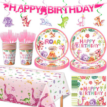 Load image into Gallery viewer, Party decoration in Colombia Party decoration in Colombia Pink Dinosaur Birthday Party Supplies Set Disposable Paper Plates Cups Banner Tablecloth Dinosaur Theme Party Decorations for Kids
