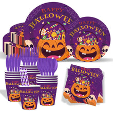 Load image into Gallery viewer, 90Pcs Halloween Pumpkin Party Supplies, Disposable Tableware Set Includes Plates, Napkins, Cups, Cutlery, Straws for Spooky Themed Parties &amp; Celebrations
