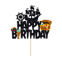 Load image into Gallery viewer, GDGDTOO Pirate Happy Birthday Banner, Ocean Treasure Skull Party Banner with Cake Topper &amp; Cupcake Toppers, Nautical Themed Wall Banner Decor, Indoor Outdoor Photo Backdrop Birthday Party Supplies

