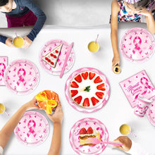 Load image into Gallery viewer, 82PCS Breast Cancer Awareness Party Supplies Set, Pink Ribbon Disposable Paper Plates, Cups, Tablecloth, Banner &amp; Pennant Flags for Breast Cancer Awareness Month, Fundraiser &amp; Support Event Decorations
