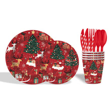 Load image into Gallery viewer, 90Pcs Christmas Reindeer Party Supplies, Disposable Tableware Set Includes Plates, Napkins, Cups, Cutlery, Straws, for Holiday Dinner, Winter Gathering
