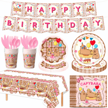 Load image into Gallery viewer, 82PCS Pink Capybara Birthday Party Supplies Set, Capybara Theme Disposable Tableware, Paper Cups, Tablecloth, Banner Bunting &amp; Balloons for Birthday Celebration &amp; Party Decorations
