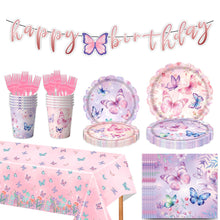 Load image into Gallery viewer, Party decoration in Colombia Party decoration in Colombia Butterfly Theme Birthday Party Supplies Set Lace Paper Plates Cups Tablecloth Banner Decorations for Girls Birthday Party Decorations
