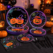Load image into Gallery viewer, HNJUGFE 70PCS Halloween Party Supplies Tableware Set, Neon Pumpkin Disposable Dinnerware Kit with Paper Plates Napkins, Serves 10 Guests, Holiday Party Decorations for Home Kitchen Dining
