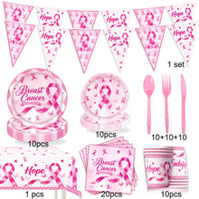 Load image into Gallery viewer, 82PCS Breast Cancer Awareness Party Supplies Set, Pink Ribbon Disposable Paper Plates, Cups, Tablecloth, Banner &amp; Pennant Flags for Breast Cancer Awareness Month, Fundraiser &amp; Support Event Decorations
