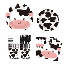Load image into Gallery viewer, 92PCS Cow Party Supplies Set, Farm Animal Birthday Party Decorations with Disposable Paper Plates, Cups, Napkins, Tablecloth, Banner, Forks, Knives &amp; Spoons, Barnyard Theme Party Tableware
