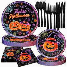 Load image into Gallery viewer, HNJUGFE 70PCS Halloween Party Supplies Tableware Set, Neon Pumpkin Disposable Dinnerware Kit with Paper Plates Napkins, Serves 10 Guests, Holiday Party Decorations for Home Kitchen Dining
