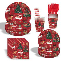Load image into Gallery viewer, 90Pcs Christmas Reindeer Party Supplies, Disposable Tableware Set Includes Plates, Napkins, Cups, Cutlery, Straws, for Holiday Dinner, Winter Gathering
