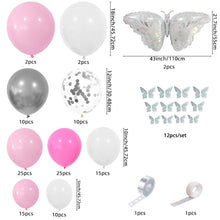 Load image into Gallery viewer, 130PCS Pink &amp; White Balloon Garland Arch Kit, Pastel Pink &amp; Silver Balloons with Butterfly Decorations for Birthday, Wedding, Bridal Shower, Gender Reveal &amp; Photo Backdrop
