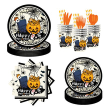 Load image into Gallery viewer, 90PCS Halloween Graveyard Party Supplies Set, Spider Web &amp; Pumpkin Halloween Decorations with Disposable Paper Plates, Cups, Napkins, Straws &amp; Cutlery, Spooky Tableware Kit for Haunted House &amp; Halloween Party
