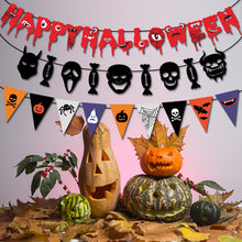 Load image into Gallery viewer, Horror Bloody Skull Halloween Hanging Pull Flag Banner, Blood Stain Skeleton Garland Bunting Decor, Creepy Atmosphere Layout Supplies for Haunted House, Bar Wall, Ghost Festival and Scary Themed Birthday Party Indoor Scene Arrangement
