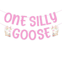 Load image into Gallery viewer, GDGDTOO One Silly Goose Glitter Letter Banner, White Goose Themed Party Banner with Hanging Swirls &amp; Cupcake Toppers, Pink Glitter Wall Banner Decor, Indoor Outdoor Photo Backdrop Celebration Party Supplies
