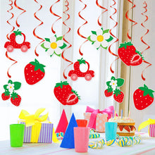 Load image into Gallery viewer, GDGDTOO Sweet Strawberry Happy Birthday Banner, Fruit Themed Party Banner with Hanging Swirls &amp; Cupcake Toppers, Red Berry Wall Banner Decor, Indoor Outdoor Photo Backdrop Birthday Party Supplies
