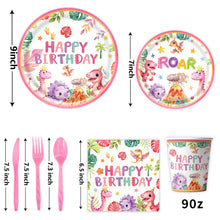 Load image into Gallery viewer, Party decoration in Colombia Party decoration in Colombia Pink Dinosaur Birthday Party Supplies Set Disposable Paper Plates Cups Banner Tablecloth Dinosaur Theme Party Decorations for Kids
