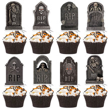 Load image into Gallery viewer, 8PCS Halloween Tombstone Cake Toppers, RIP Skull Graveyard Cupcake Picks, Spooky Ghost Festival Dessert Decor Supplies

