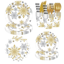 Load image into Gallery viewer, 90PCS Snowflake Christmas Party Supplies Set, Winter Wonderland Christmas Decorations with Disposable Paper Plates, Cups, Napkins, Forks, Knives &amp; Spoons, Holiday Tableware Kit for Christmas Dinner, Family Gathering &amp; Winter Party
