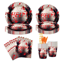 Load image into Gallery viewer, 90PCS Halloween Bloody Handprint Party Supplies Set, Horror Theme Halloween Decorations with Disposable Paper Plates, Cups, Napkins &amp; Cutlery, Scary Tableware Kit for Haunted House, Costume Party &amp; Halloween Celebration
