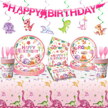 Load image into Gallery viewer, Party decoration in Colombia Party decoration in Colombia Pink Dinosaur Birthday Party Supplies Set Disposable Paper Plates Cups Banner Tablecloth Dinosaur Theme Party Decorations for Kids
