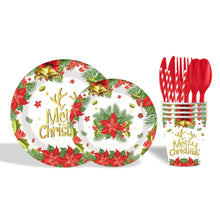 Load image into Gallery viewer, 90pcs Christmas Party Supplies, Disposable Tableware Set Includes Plates, Napkins, Cups, Cutlery, Straws, Banner &amp; Tablecloth, for Holiday Dinner &amp; Winter Gatherings
