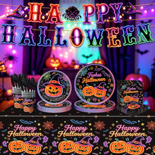 Load image into Gallery viewer, 82PCS Neon Halloween Party Supplies Set, Pumpkin Head Disposable Paper Plates, Tablecloth &amp; Banner Bunting for Spooky Halloween Party, Haunted House, Trick or Treat &amp; Holiday Decorations
