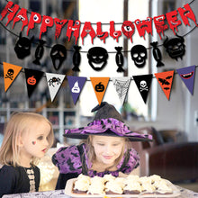 Load image into Gallery viewer, Horror Bloody Skull Halloween Hanging Pull Flag Banner, Blood Stain Skeleton Garland Bunting Decor, Creepy Atmosphere Layout Supplies for Haunted House, Bar Wall, Ghost Festival and Scary Themed Birthday Party Indoor Scene Arrangement

