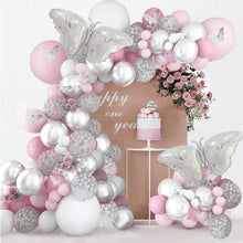 Load image into Gallery viewer, 130PCS Pink &amp; White Balloon Garland Arch Kit, Pastel Pink &amp; Silver Balloons with Butterfly Decorations for Birthday, Wedding, Bridal Shower, Gender Reveal &amp; Photo Backdrop
