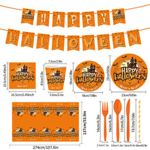 Load image into Gallery viewer, 92PCS Halloween Party Supplies Set, Spooky Halloween Party Decorations with Disposable Paper Plates, Cups, Napkins, Table Cover, Banner, Forks, Knives &amp; Spoons for Trick or Treat, Haunted House &amp; Birthday Party
