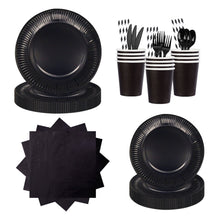 Load image into Gallery viewer, 90PCS Black Halloween Party Supplies Set, Spooky Halloween Decorations with Disposable Paper Plates, Cups, Napkins, Forks, Knives &amp; Spoons, Black Theme Tableware Kit for Halloween Birthday, Costume Party &amp; Holiday Celebration
