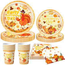 Load image into Gallery viewer, 82PCS Thanksgiving Party Supplies Set, Maple Leaf Banner, Disposable Paper Plates, Cups, Tablecloth, Honeycomb Centerpieces &amp; Balloons for Fall Harvest Party, Thanksgiving Dinner &amp; Autumn Holiday Decorations

