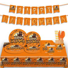 Load image into Gallery viewer, 92PCS Halloween Party Supplies Set, Spooky Halloween Party Decorations with Disposable Paper Plates, Cups, Napkins, Table Cover, Banner, Forks, Knives &amp; Spoons for Trick or Treat, Haunted House &amp; Birthday Party
