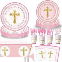Load image into Gallery viewer, 91PCS Pink Cross Christening Party Tableware Set, Disposable Paper Plates, Cups &amp; Tablecloth for Baptism, First Communion, Birthday Celebration &amp; Religious Event Table Decorations
