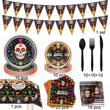 Load image into Gallery viewer, 82PCS Day of the Dead Party Supplies Set, Sugar Skull Disposable Paper Plates, Tableware, Tablecloth &amp; Banner Bunting for Día de los Muertos, Mexican Fiesta, Holiday Gathering &amp; Party Decorations
