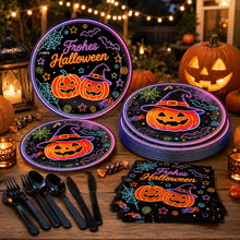 Load image into Gallery viewer, HNJUGFE 70PCS Halloween Party Supplies Tableware Set, Neon Pumpkin Disposable Dinnerware Kit with Paper Plates Napkins, Serves 10 Guests, Holiday Party Decorations for Home Kitchen Dining
