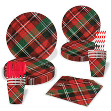 Load image into Gallery viewer, 90PCS Red Green Plaid Christmas Disposable Tableware Party Supplies Set, Xmas Paper Plates, Napkins, Paper Cups, Knives, Forks &amp; Spoons Kit, Farmhouse Holiday Table Decor for Family Dinner, Winter Indoor Christmas Gathering Atmosphere Ornaments
