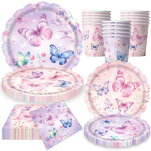 Load image into Gallery viewer, Party decoration in Colombia Party decoration in Colombia Butterfly Theme Birthday Party Supplies Set Lace Paper Plates Cups Tablecloth Banner Decorations for Girls Birthday Party Decorations
