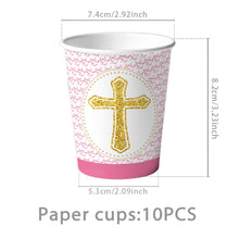 Load image into Gallery viewer, 91PCS Pink Cross Christening Party Tableware Set, Disposable Paper Plates, Cups &amp; Tablecloth for Baptism, First Communion, Birthday Celebration &amp; Religious Event Table Decorations
