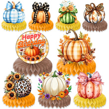 Load image into Gallery viewer, GDGDTOO Thanksgiving Day Party Centerpieces, Fall Plaid Leopard Pumpkin Honeycomb Table Decorations, Bow Sunflower Maple Leaf Honeycomb Centerpieces for Indoor Birthday Holiday Dining Table Party Supplies

