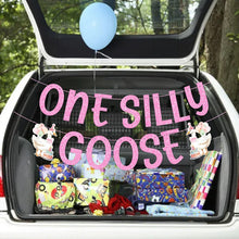 Load image into Gallery viewer, GDGDTOO One Silly Goose Glitter Letter Banner, White Goose Themed Party Banner with Hanging Swirls &amp; Cupcake Toppers, Pink Glitter Wall Banner Decor, Indoor Outdoor Photo Backdrop Celebration Party Supplies
