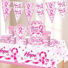 Load image into Gallery viewer, 82PCS Breast Cancer Awareness Party Supplies Set, Pink Ribbon Disposable Paper Plates, Cups, Tablecloth, Banner &amp; Pennant Flags for Breast Cancer Awareness Month, Fundraiser &amp; Support Event Decorations
