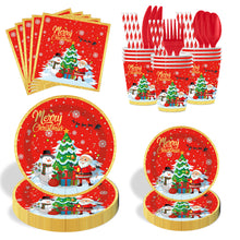 Load image into Gallery viewer, 90PCS Santa Claus Christmas Party Supplies Set, Christmas Decorations with Disposable Paper Plates, Cups, Napkins, Forks, Knives &amp; Spoons, Holiday Tableware Kit for Family Gathering, Christmas Dinner &amp; Winter Party

